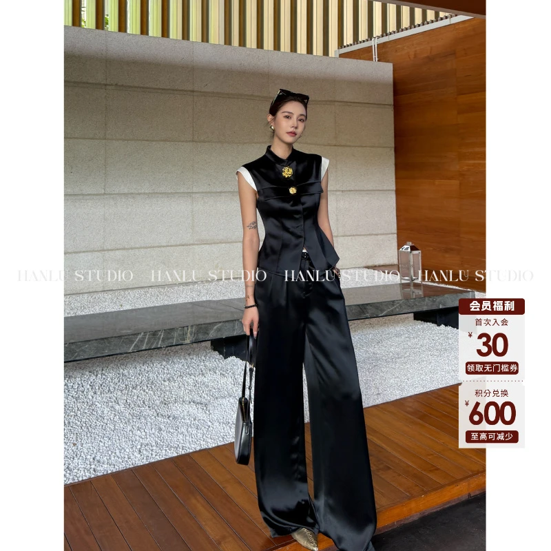 HANLU STUDIO薄款时尚高腰透气宽松夏季黑色醋酸直筒裤