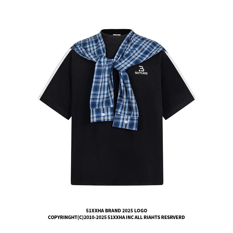 51嘻哈美式字母刺绣撞色披肩短袖T恤男女复古情侣假两件半袖体恤