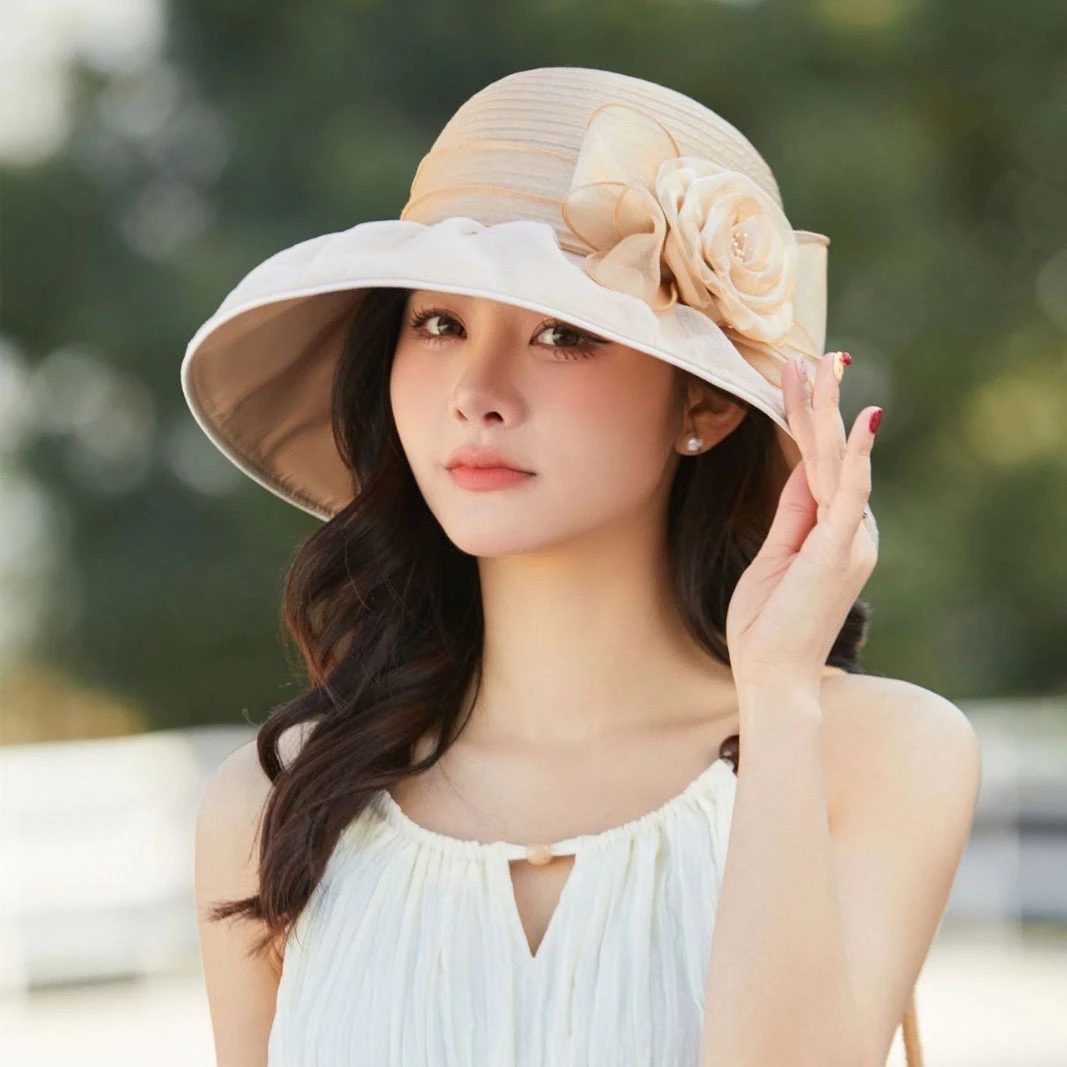 新款法式花朵欧根纱双层防晒帽大帽檐气质遮阳渔夫帽