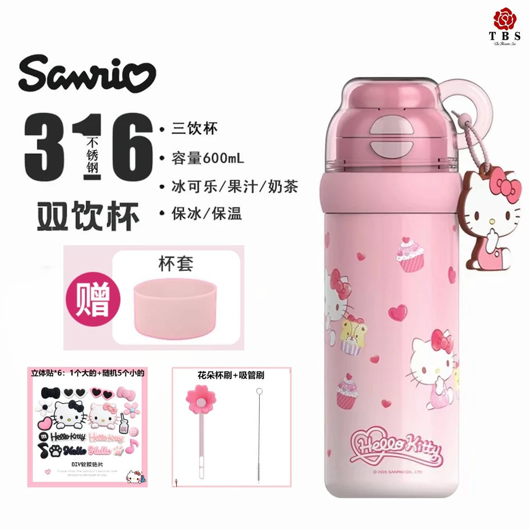 X&W/艾可思三丽鸥保温杯保冷保热制冷两用学生吸管双饮316不锈钢