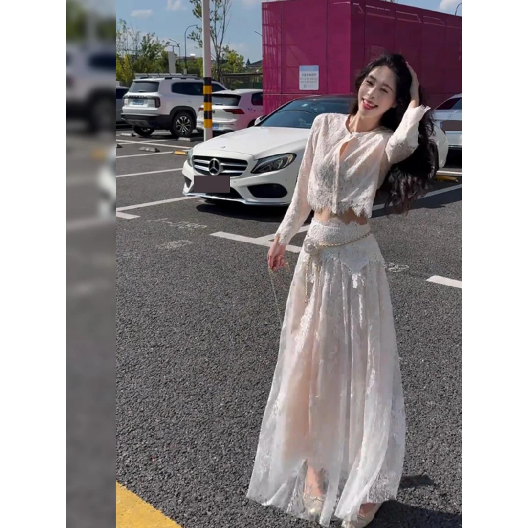 千金感气质修身白色蕾丝上衣半裙女装2025秋冬新款高端精致两件套