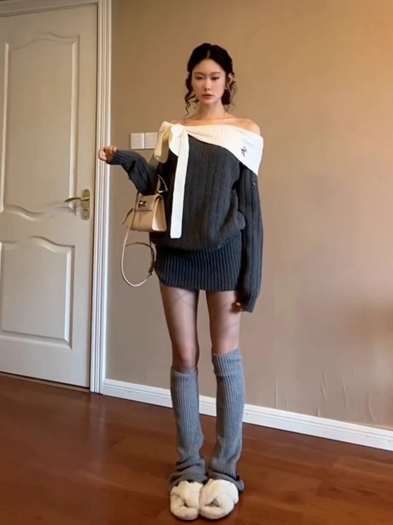 【现货】法式灰色一字肩针织连衣裙子2025新款巨好看气质包臀短裙