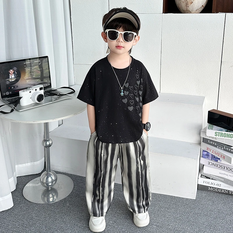 条纹中性薄款男夏季休闲风套装洋气炸街男童宽松韩版帅气时尚儿童