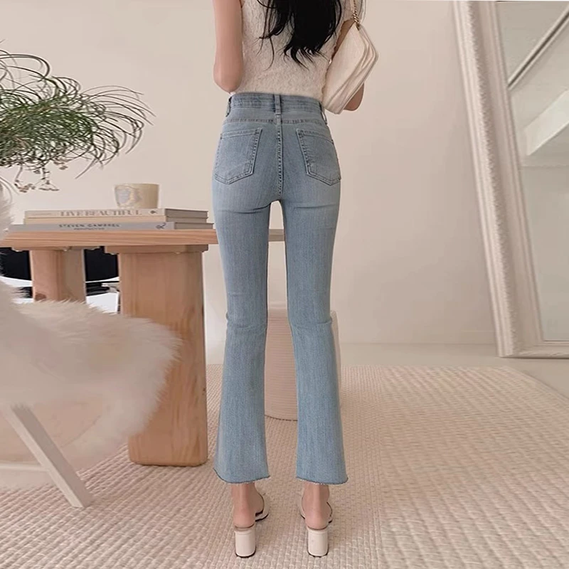 浅蓝色微喇牛仔裤女2025新款春季小个子高腰九分宽松八分弹力喇叭