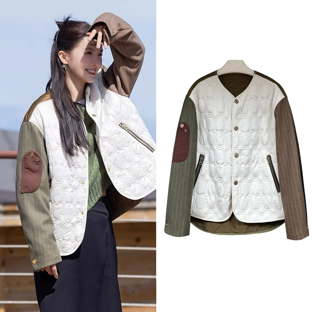 现在就出发金晨同款无领撞色拼接棉衣夹克女薄款夹棉菱格棉服外套