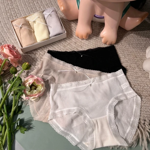 90-130斤 春夏中腰包臀性感蕾丝女士内裤舒适透气三角裤 月白珍珠
