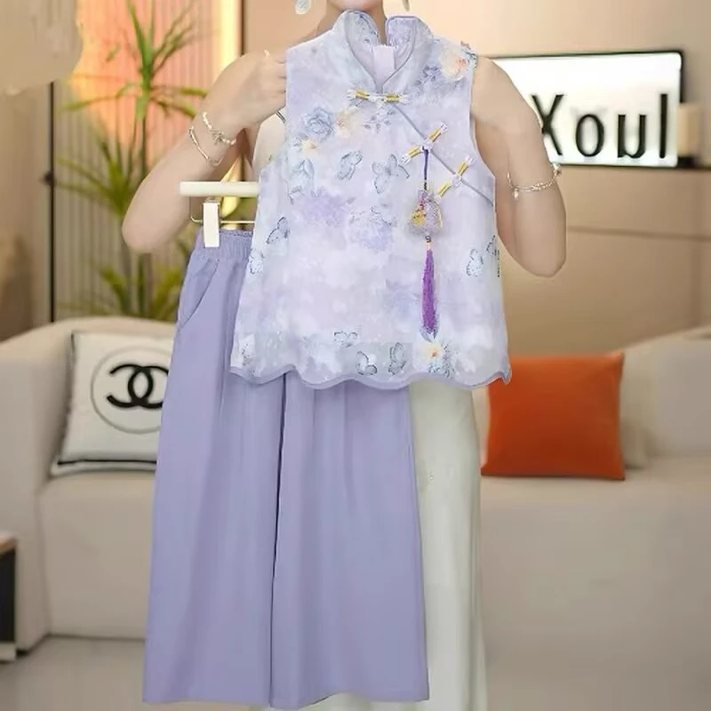 女童夏装套装2025新款儿童洋气中大童韩版中式国风汉服短袖阔腿裤