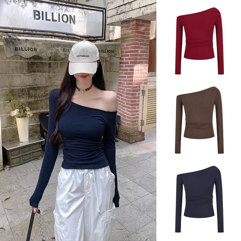 Moses Queen/魔西女王斜肩打底衫秋长袖t恤紧身纯欲斜领露肩上衣