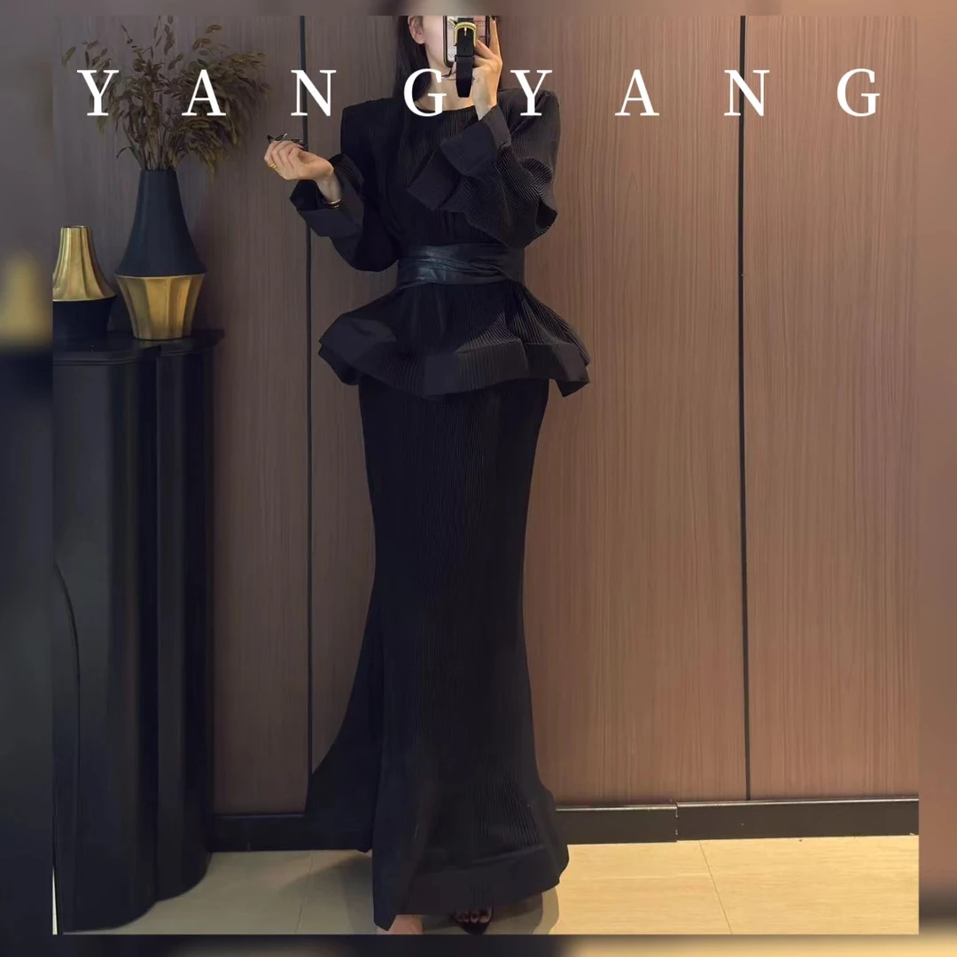 YANGYANG洋洋 褶皱喇叭袖上衣鱼尾裙气质收腰显瘦套装