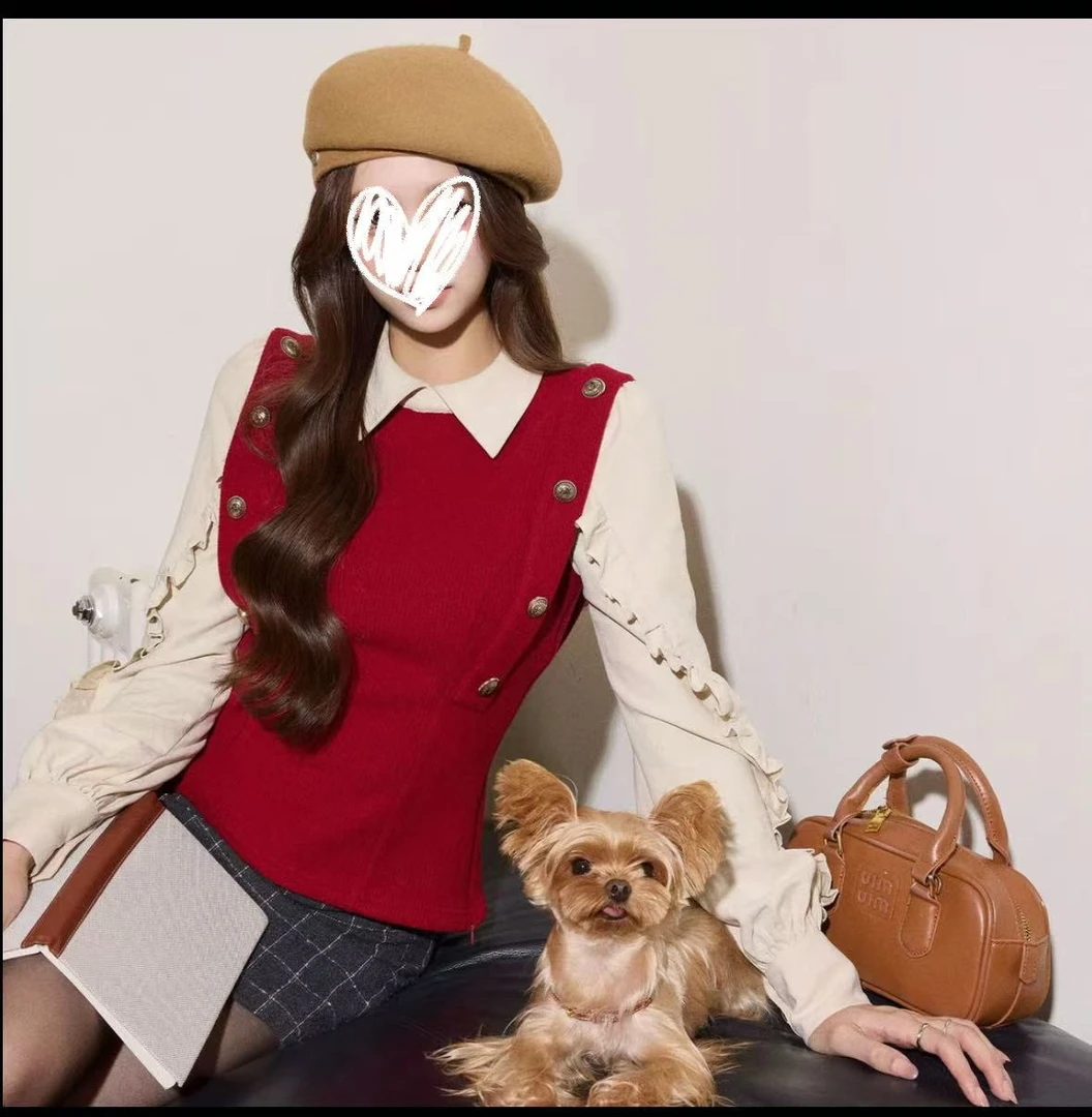 蔷薇骑士 时尚百搭假两件拼接上衣学院风针织马甲衬衫