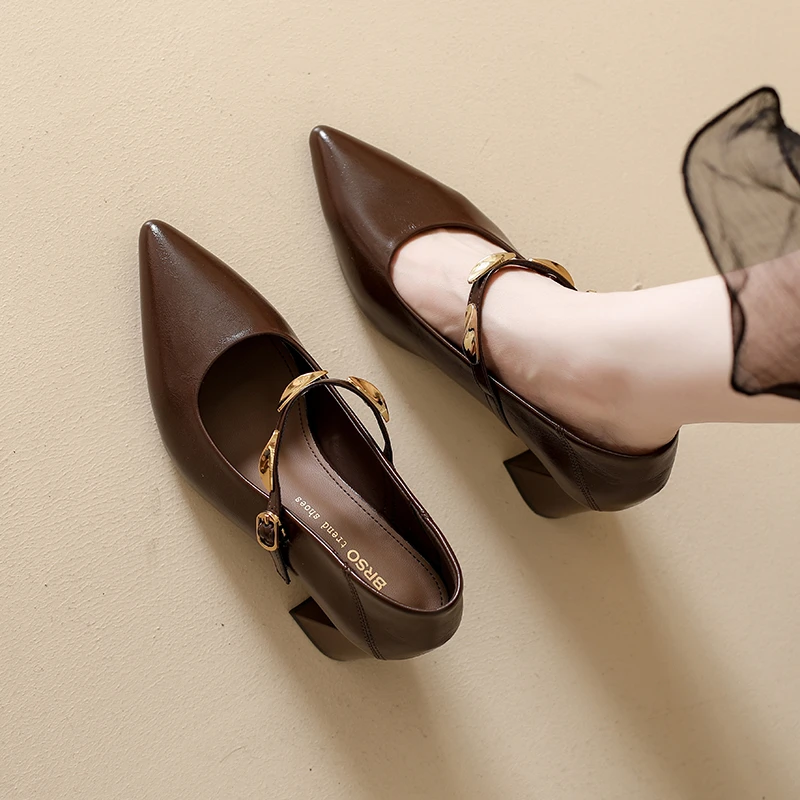 时尚单鞋玛丽珍鞋女2025春季新款尖头7CM粗跟港风一字扣气质高跟