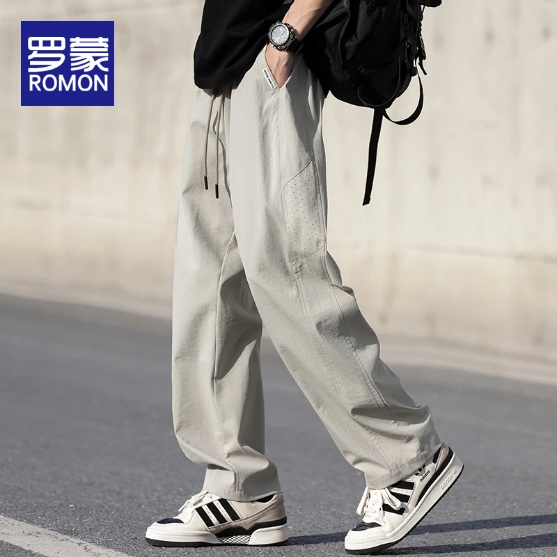 罗蒙男士休闲裤夏季薄款潮流宽松直筒长裤男款透气网眼冰丝裤子男