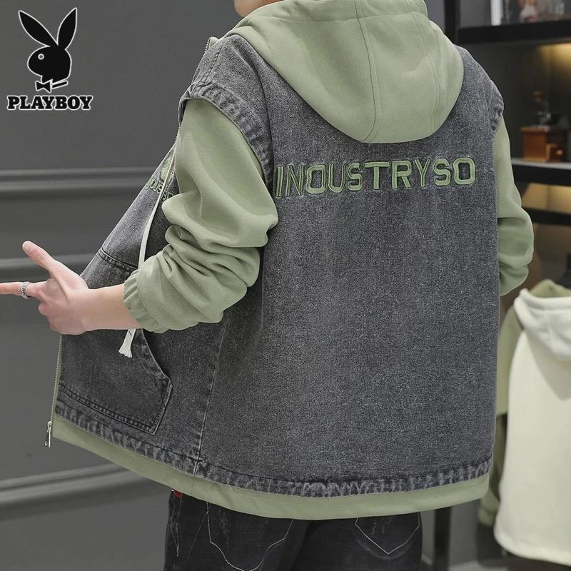 花花公子花花公子假两件夹克男士连帽上衣服春秋季潮牌休闲拼接牛