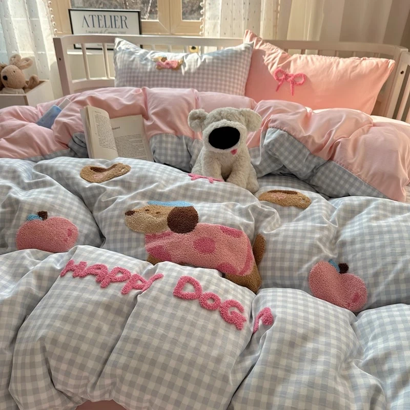 ins水洗棉四件套可爱腊肠狗床品非全棉纯棉毛巾绣被套床单三件套4