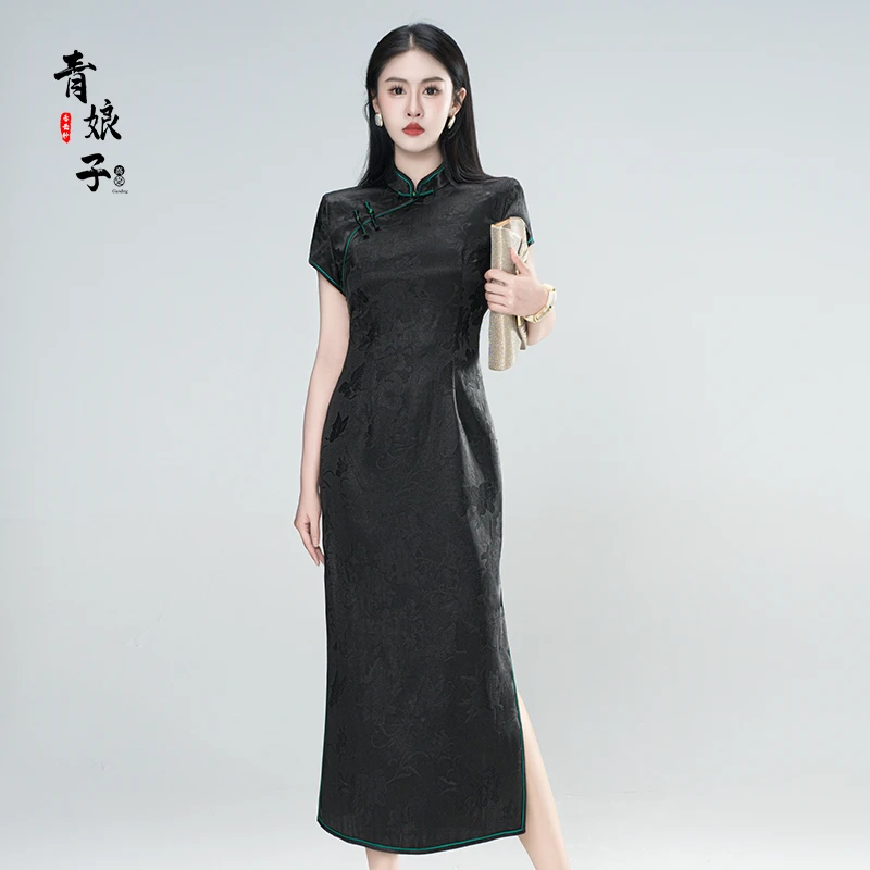 青娘子-香云纱（寒山远黛）提花重缎国风新中式旗袍连衣裙-61006