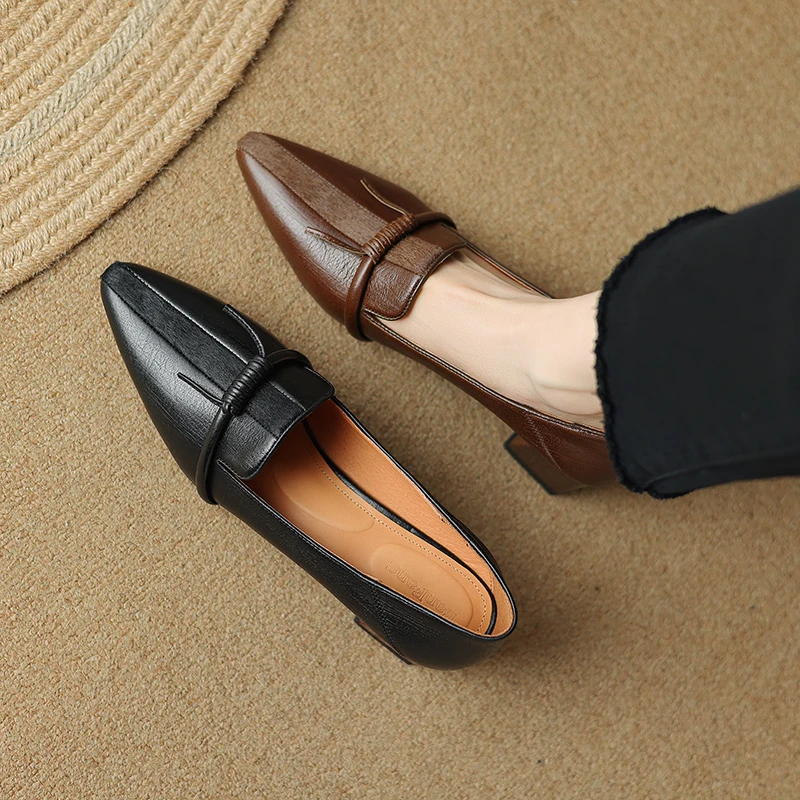 半坊手工女鞋 |34-40|4.5cm|法式复古浅口蝴蝶结拼接显瘦粗跟单鞋