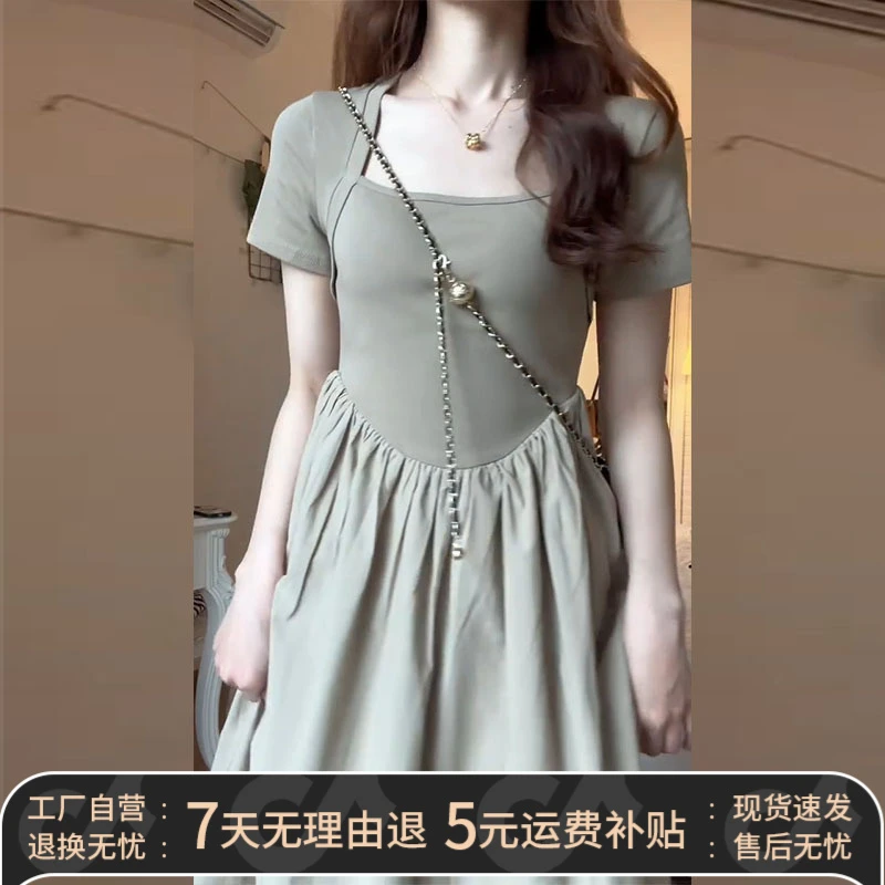 A570方领连衣裙子女夏季2025新款高端精致法式气质显瘦收腰a字裙