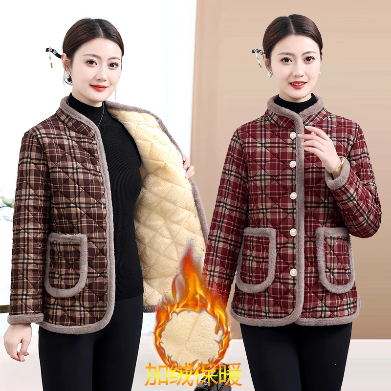 秋冬装加绒格子棉衣外套2025新款中老年女装短款时尚小棉袄
