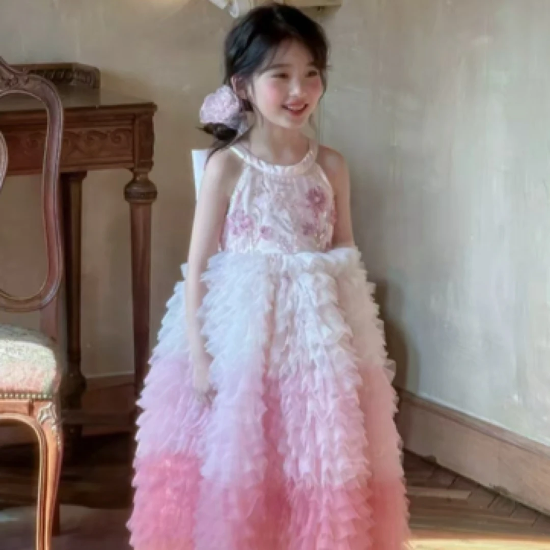 女童2025新款重工渐变蛋糕蓬蓬裙生日公主礼服亮片超仙儿童连衣裙