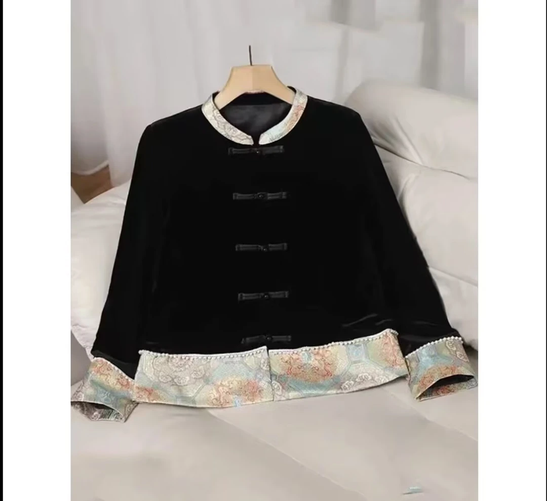 【宋锦拼接外套】中式宋锦拼接丝绒加厚钉珠外套女