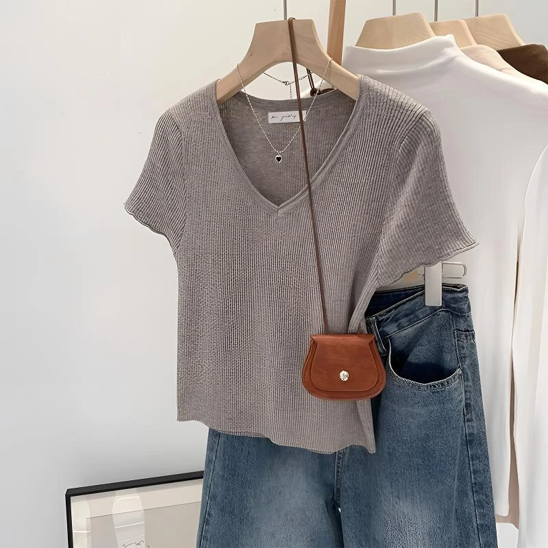 灰色V领短袖针织衫薄款女夏2025新款小众高级感防晒衫女夏薄款