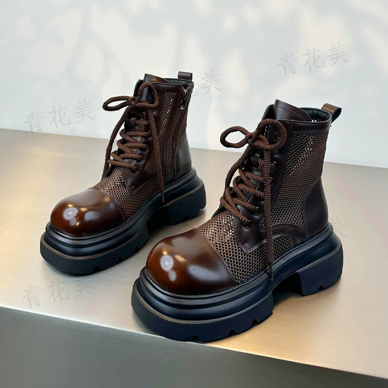 网面夏季薄款镂空马丁靴女鞋凉靴高帮百搭网面系带夏季薄款马丁靴