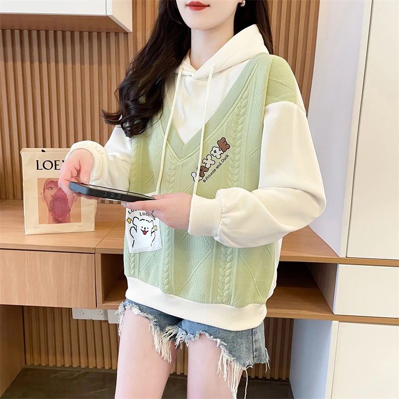 学院风撞色假两件polo领卫衣女薄款2025春秋新款韩版宽松连帽上衣