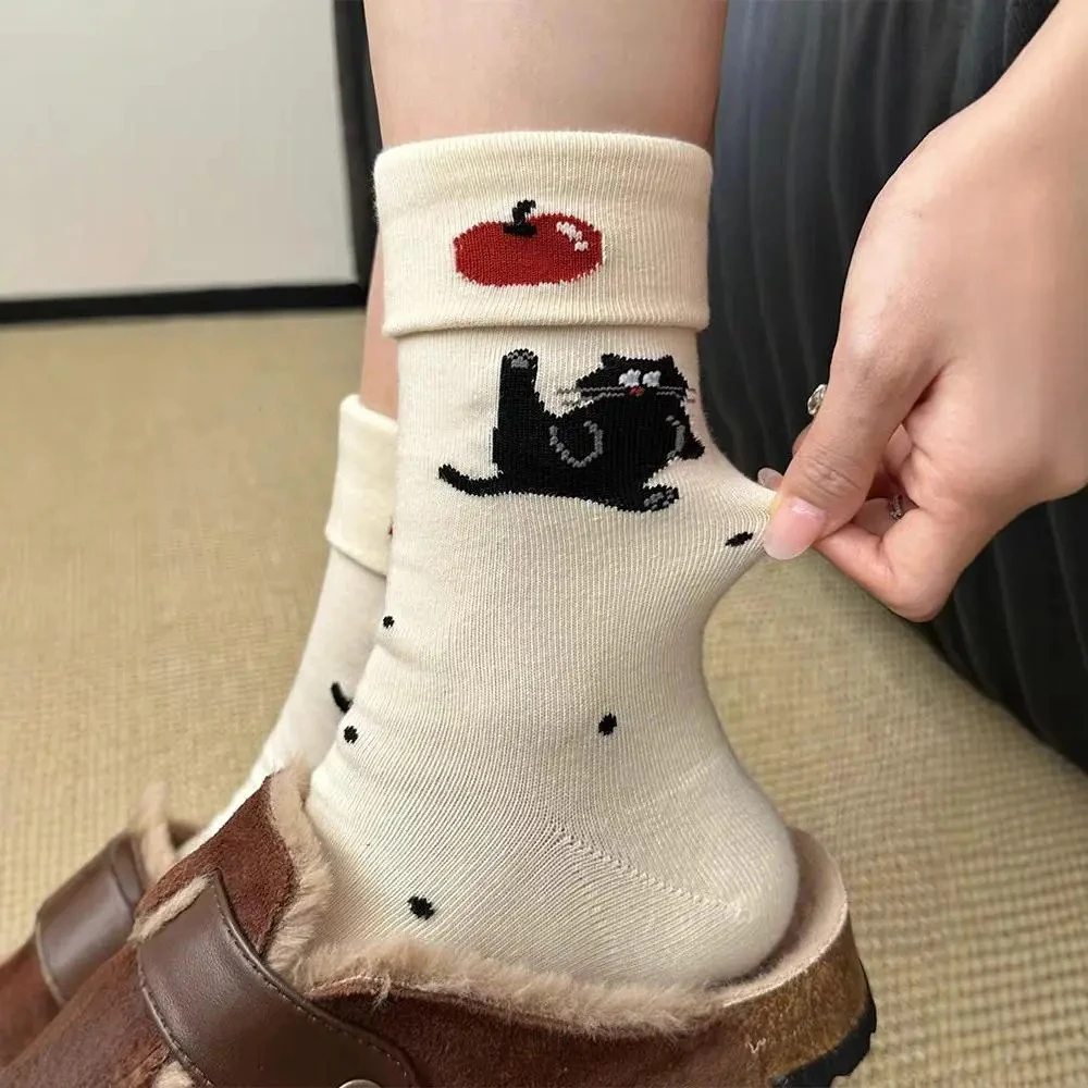 白色袜子翻边卡通中筒袜女纯棉夏季薄款ins潮波点个性猫咪长筒袜