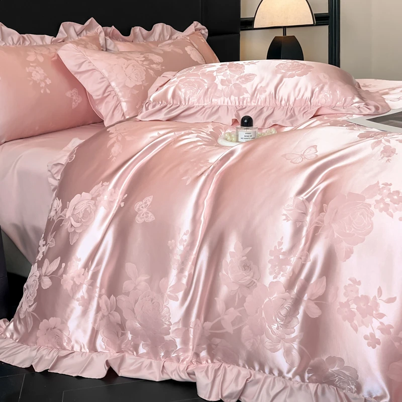 水星高端雅致家纺欧式贡缎提花四件套花边刺绣床单被套1.82.0米床