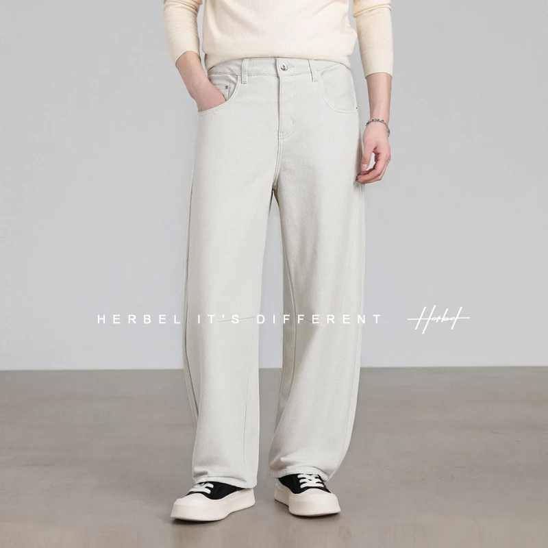 HERBEL/黑白 牛仔裤男士2025年冬季新款百搭直筒抽绳宽松休闲长裤