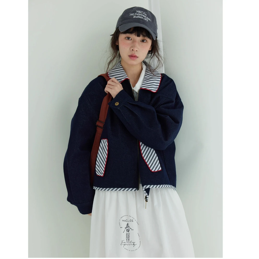 「白描工作间」"循迹丹宁"春装条纹拼接小个子牛仔外套女