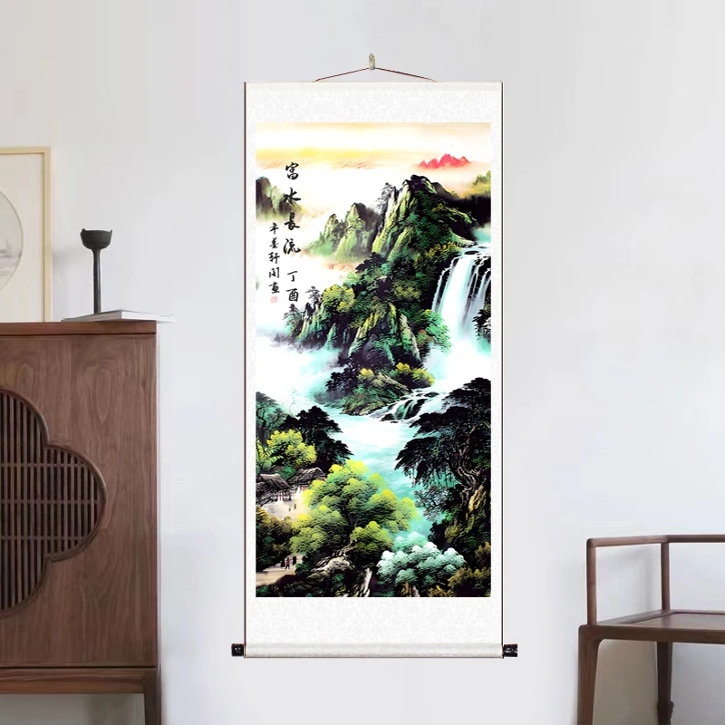 《富水长流》大气背景墙竖幅挂画国风山水靠山图风景 装饰画 玄关N4