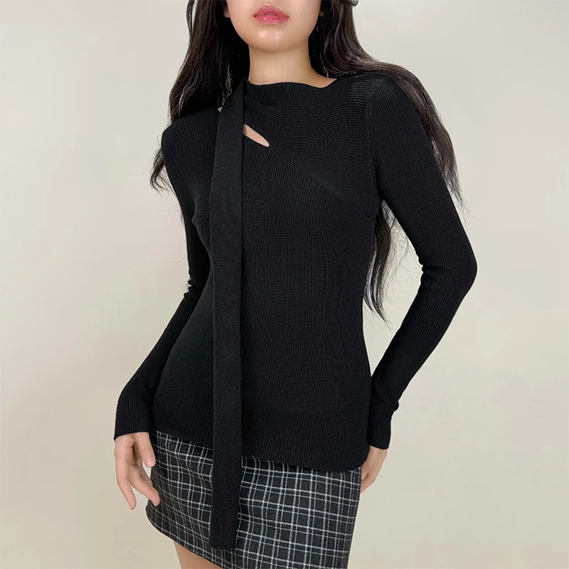 软糯亲肤高品质长袖围巾领针织T恤2025秋季新款气质纯色打底上衣