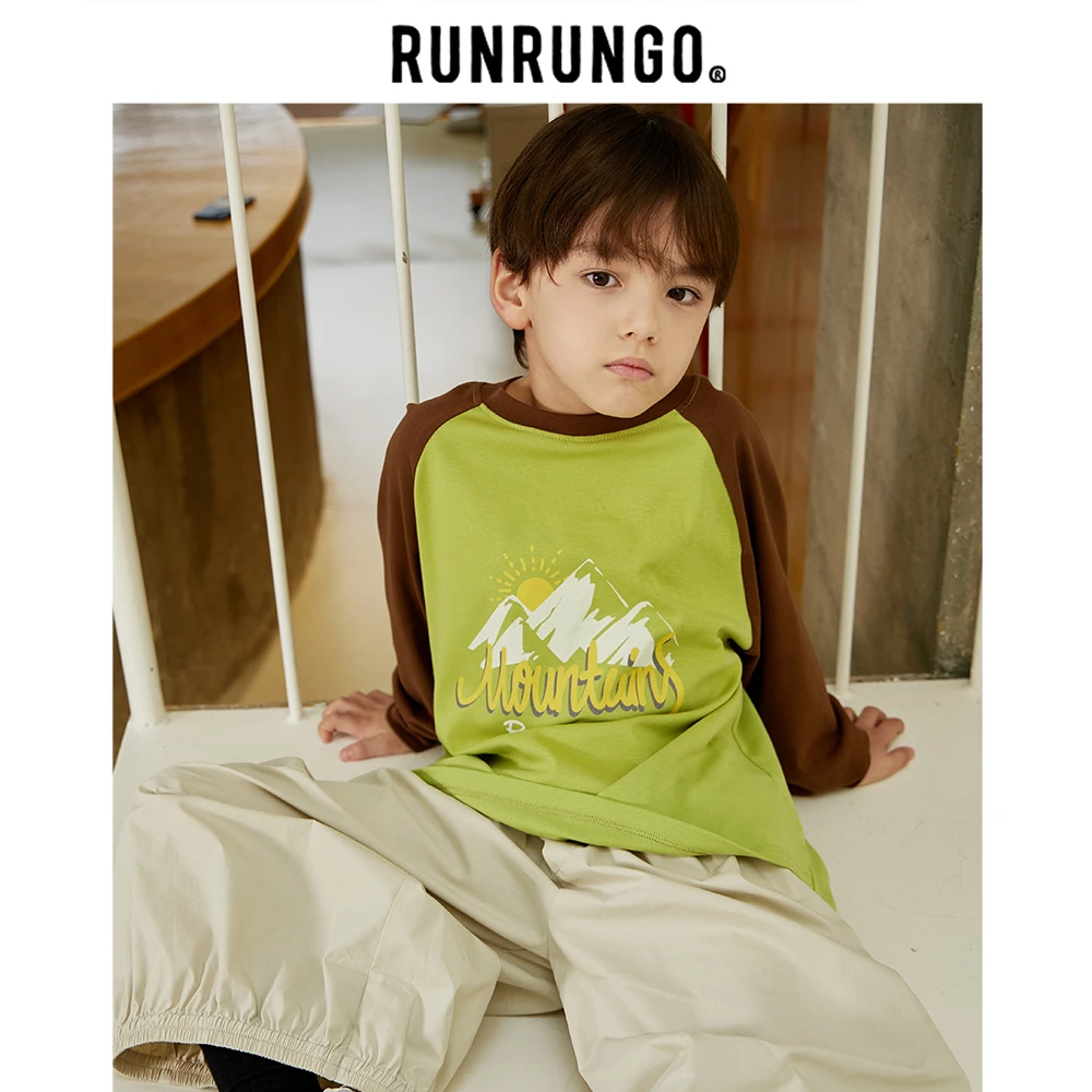 Runrungo【雪山之巅】儿童撞色插肩T恤男童印花长袖秋季休闲打底衫