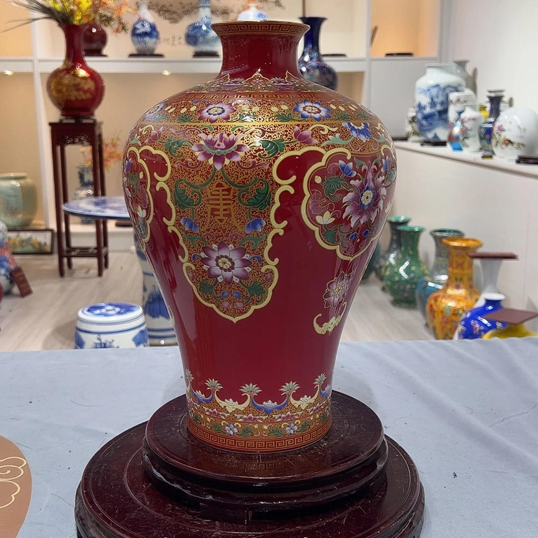摆件35cm霁红珐琅彩梅瓶