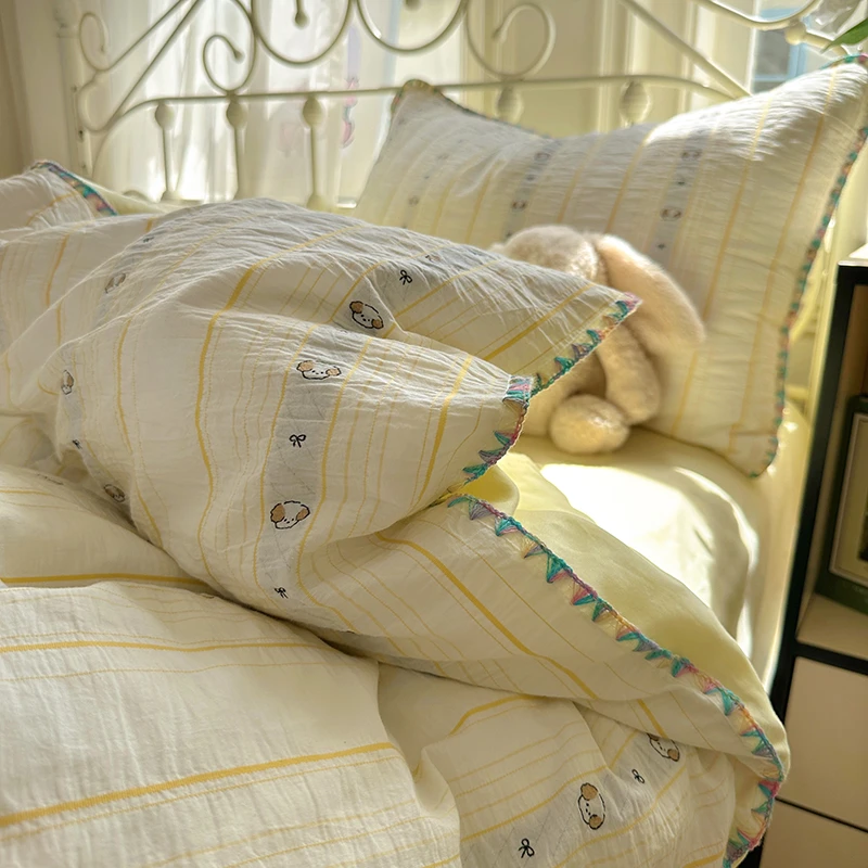 可爱卡通泰迪狗提花床上四件套纯棉100%全棉被套床单床笠四季通用