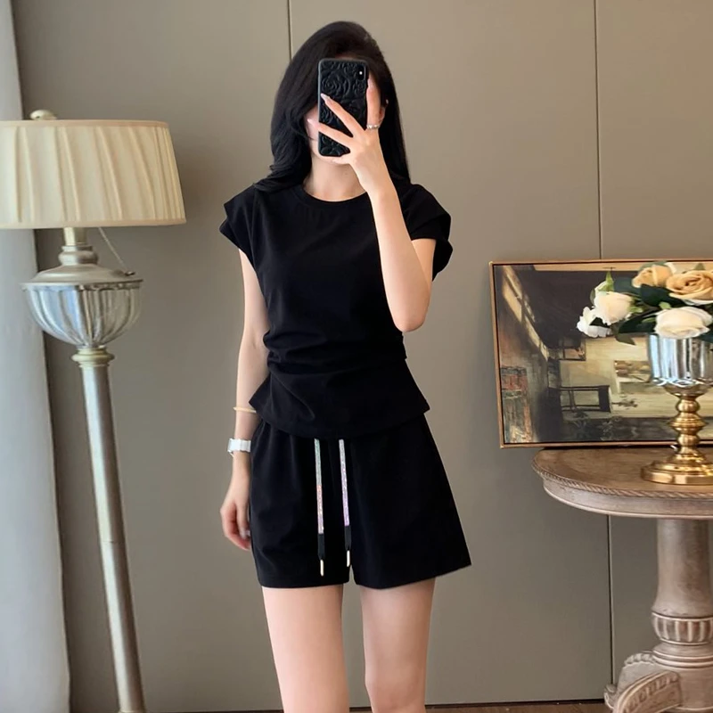 欧货休闲运动套装女夏季2025爆款遮肚时尚洋气黑色短袖短裤两件套