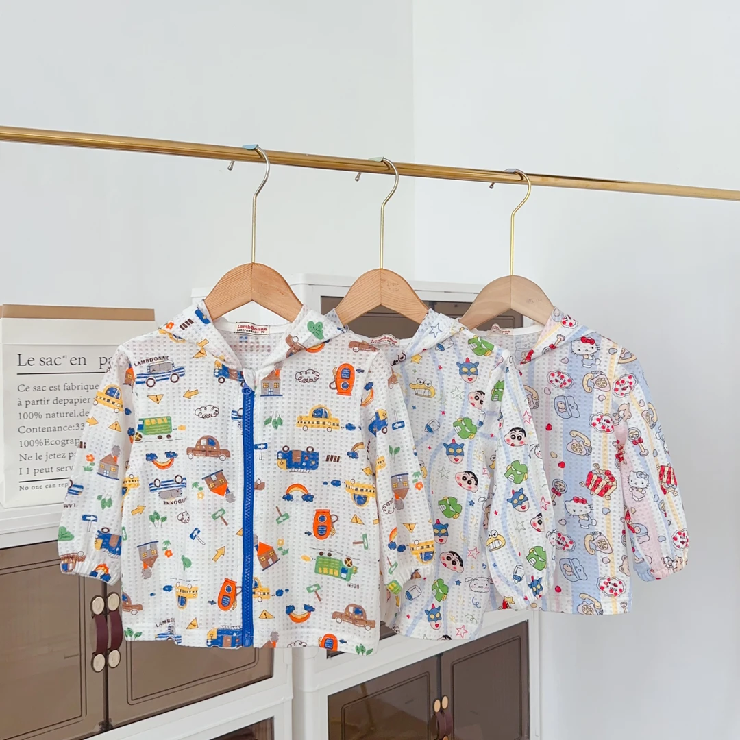 儿童中性透气清凉防晒服连帽夏季卡通网眼透气棉长袖休闲男女同款