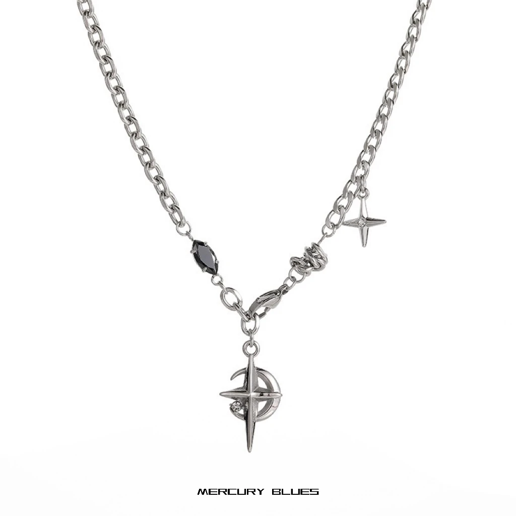 钛钢项链 钛钢黑宝石芒星街头项链小众设计高级感锁骨链