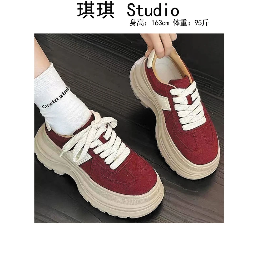《琪琪家》秋季新款高品质厚底系带洋气时尚红色百搭休闲鞋H11-F3