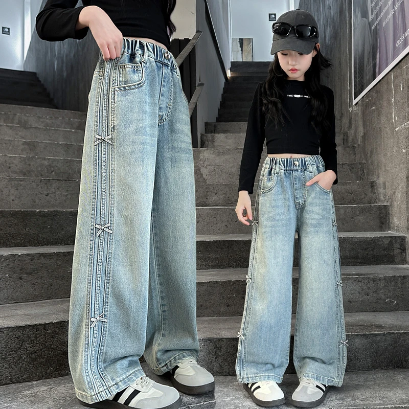 女童牛仔阔腿裤春秋季2025新款大儿童高腰直筒宽松裤子女孩休闲裤