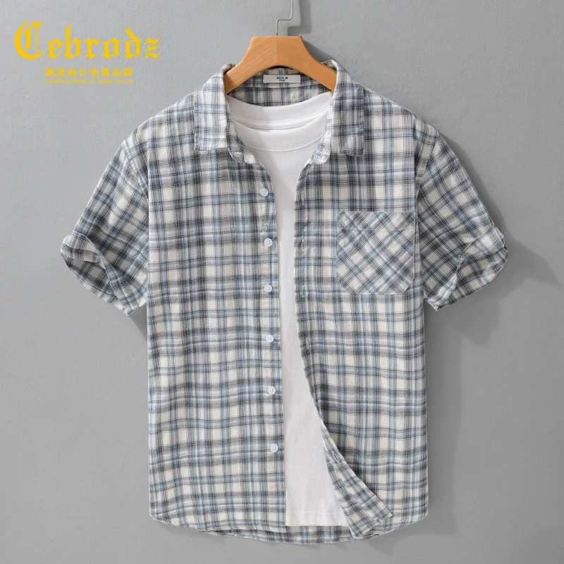 法国Cebrodz男士格子短袖衬衫2025夏季新款休闲纯棉潮流半袖衬衣