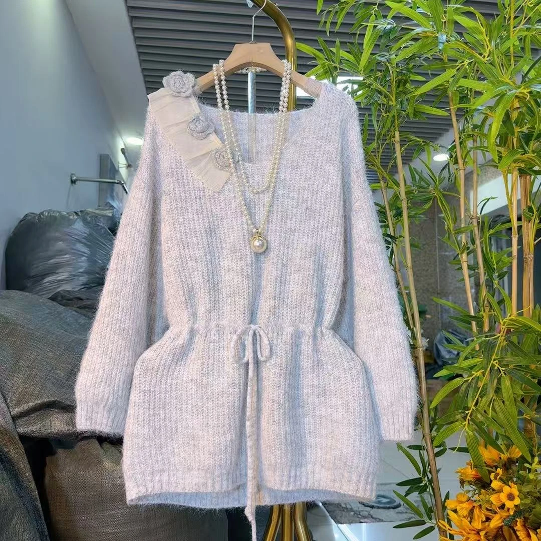 欧货时尚收腰抽绳针织花朵毛衣大码女装保暖冬季显瘦洋气13