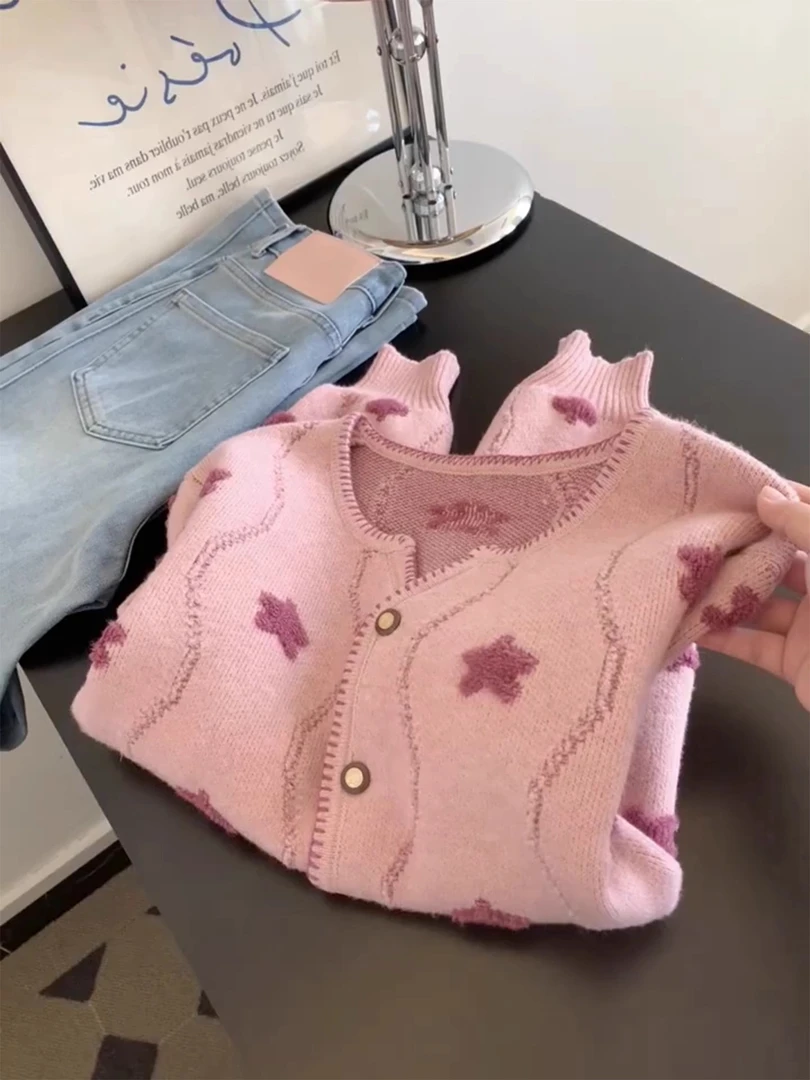 韩系粉色针织开衫毛衣外套女秋冬外穿2025新款爆款时尚宽松上衣潮