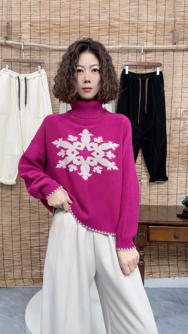 青禾-时尚百搭冬季新款高领雪花提花针织长袖毛衣9866