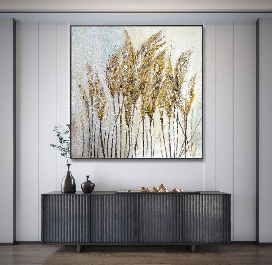 手绘油画现代简约轻金色风景挂画客厅餐厅装饰画风吹稻穗麦浪8080