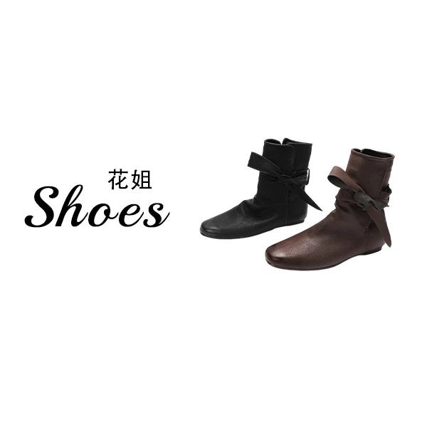 小众设计感蝴蝶结绕带短靴女秋冬新款短筒显瘦西部牛仔靴