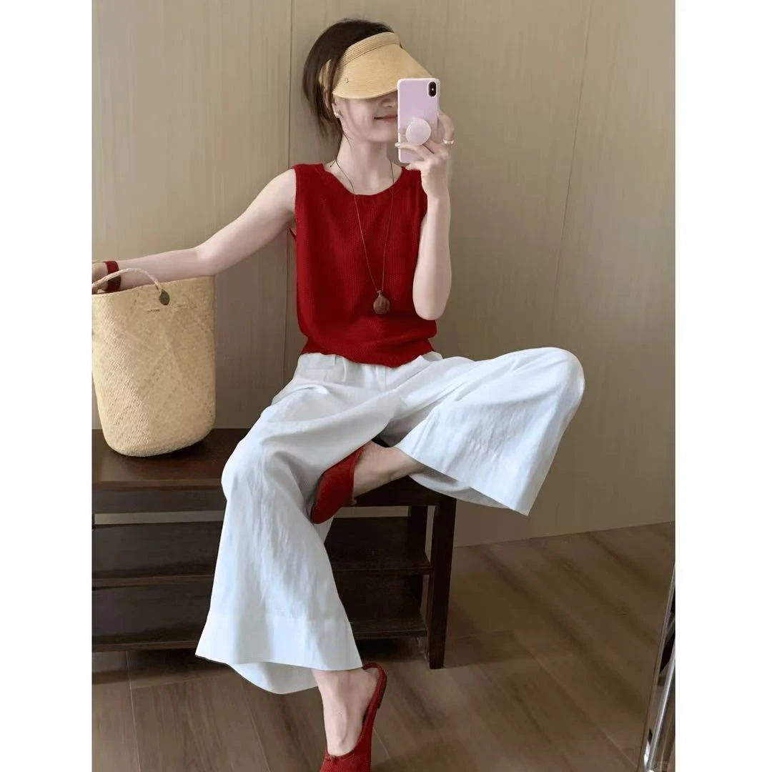 2025夏季流行一整套ootd针织上衣气质薄款透气白色阔腿裤女两件套