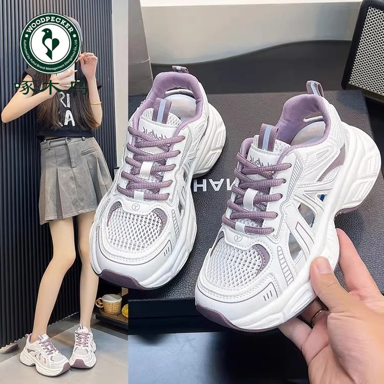啄木鸟厚底超火镂空老爹鞋女2025夏季透气学生网面百搭休闲运动鞋