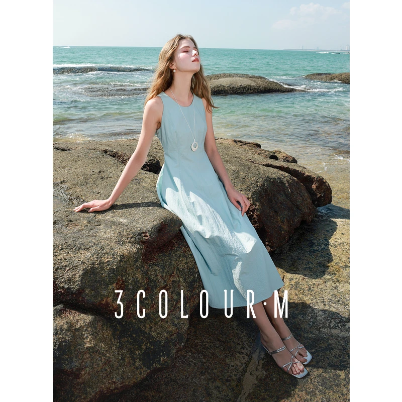 0714三彩2025春季新款圆领无袖A字裙连衣裙显瘦收腰长裙气质dbq